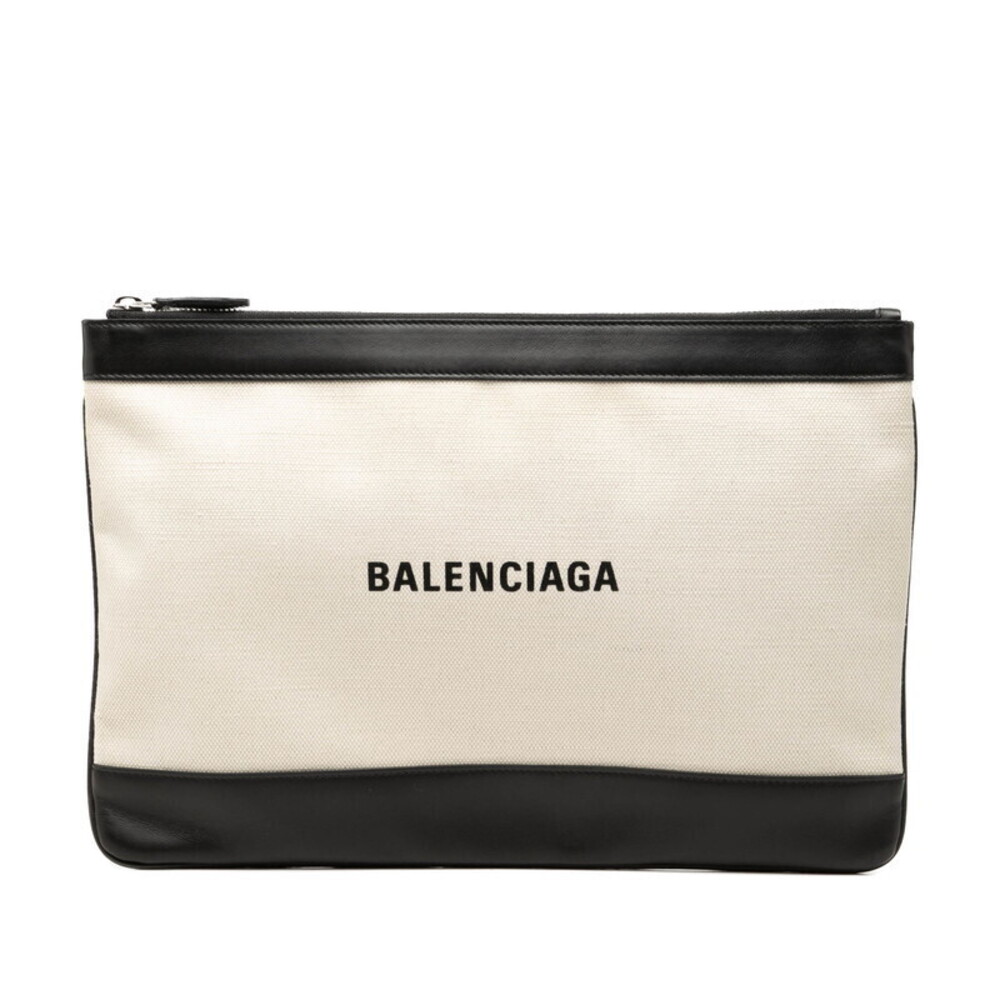 Balenciaga Navy Blue Clip Clutch Bag Shoulder Beige Cream Black Canvas Leather